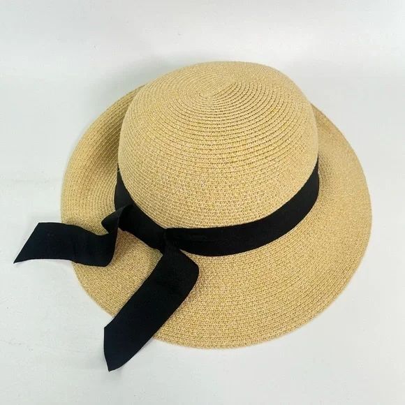 Furtalk Wide Ribbon Straw Beach Sun Hat tan khaki beige with black size medium - Picture 6 of 11